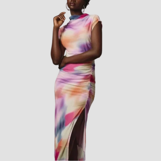 Maya Ruched Cowl Neck Mesh Dress