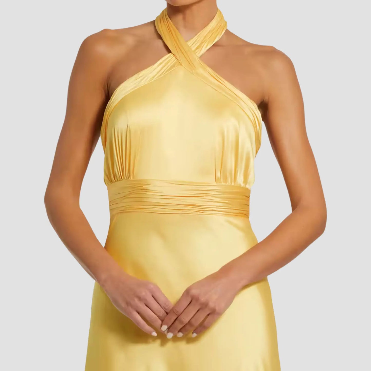 Yellow Ruched Halter Neck Tie Back Satin Gown