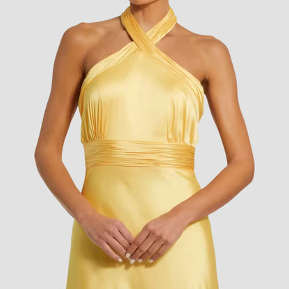 Yellow Ruched Halter Neck Tie Back Satin Gown