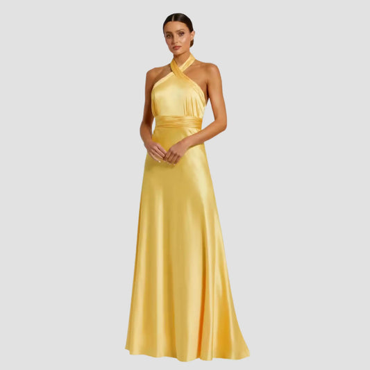 Yellow Ruched Halter Neck Tie Back Satin Gown