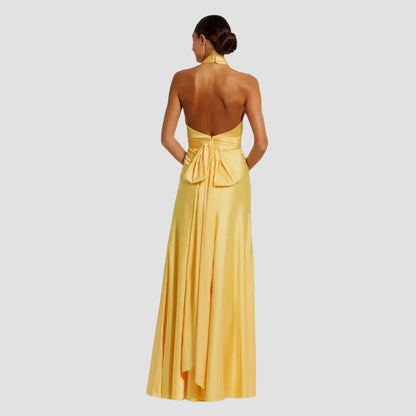 Yellow Ruched Halter Neck Tie Back Satin Gown