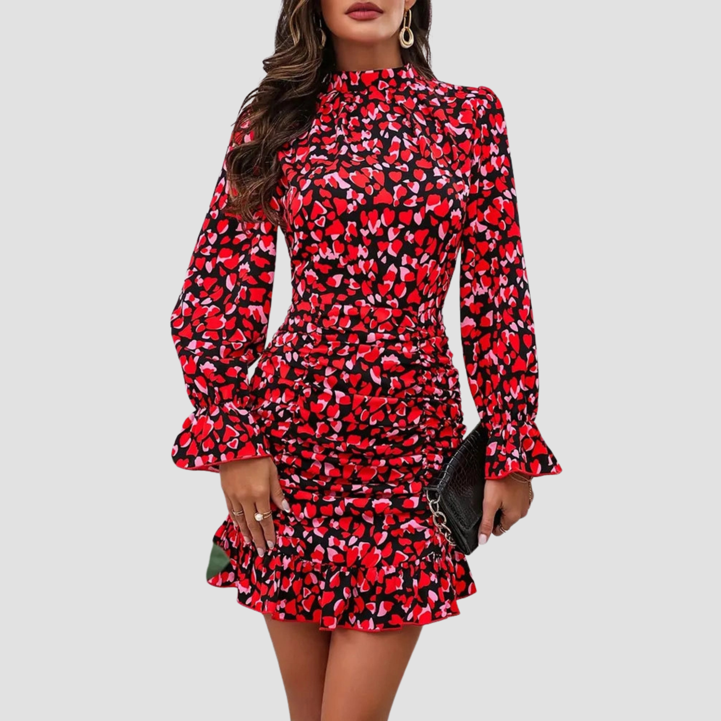 Elegant Print Pleated Design Long-Sleeved Dress | Vivian Mae