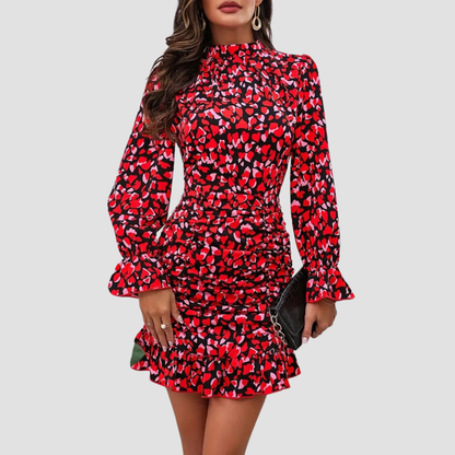 Elegant Print Pleated Design Long-Sleeved Dress | Vivian Mae