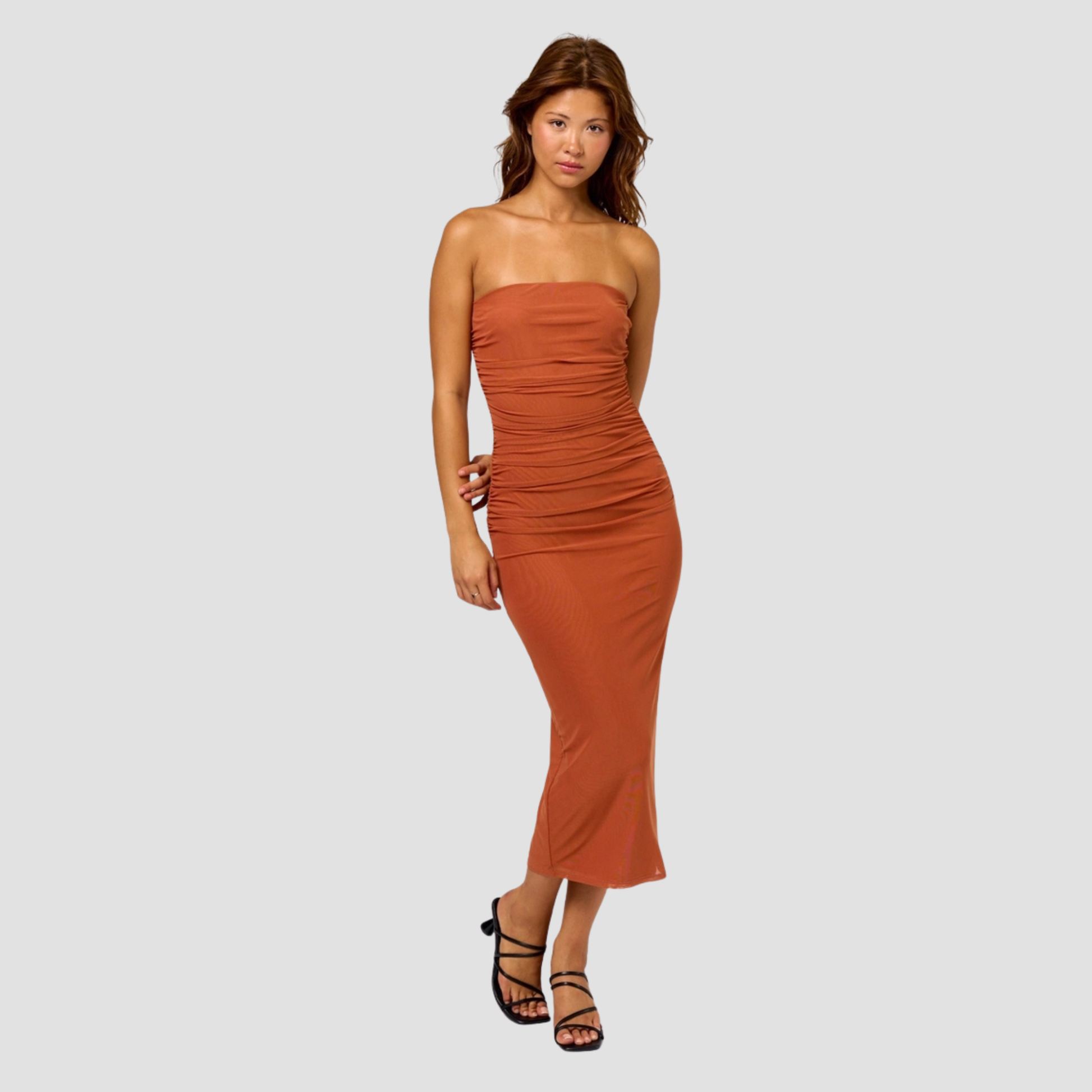 Strapless Ruched Midi Dress | Vivian Mae