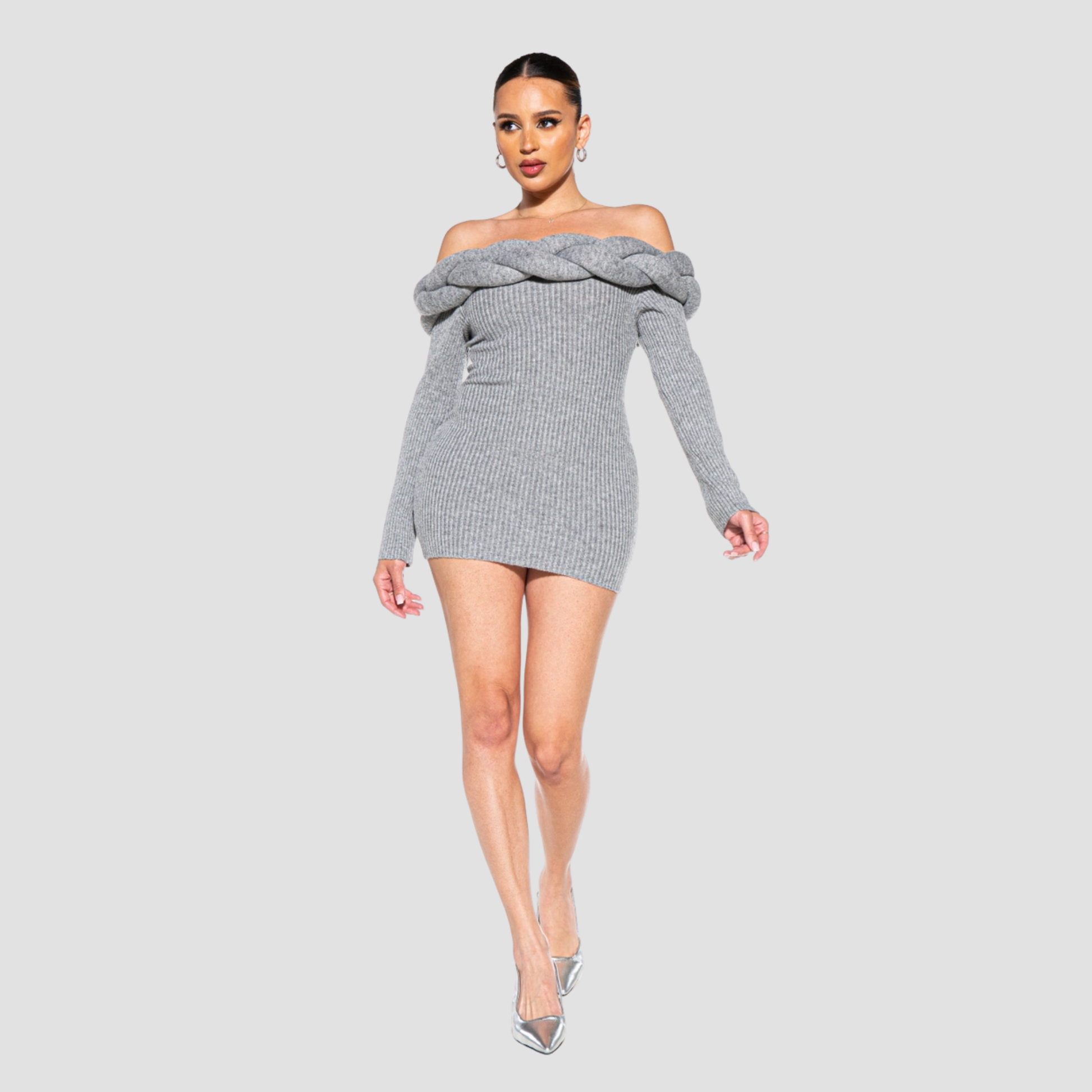Braided Off Shoulder Sweater Knit Mini Dress | Vivian Mae