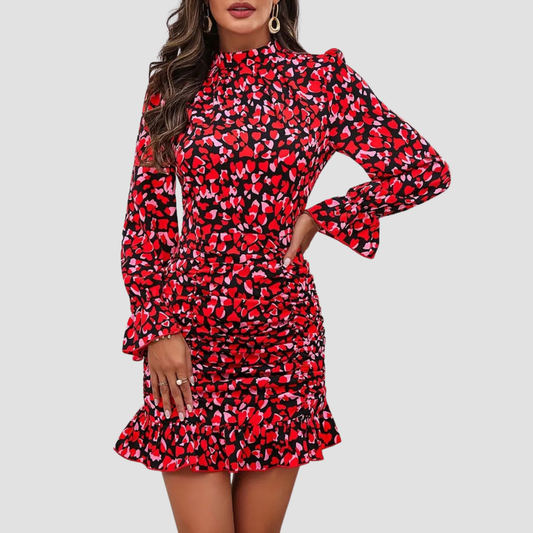 Elegant Print Pleated Design Long-Sleeved Dress | Vivian Mae